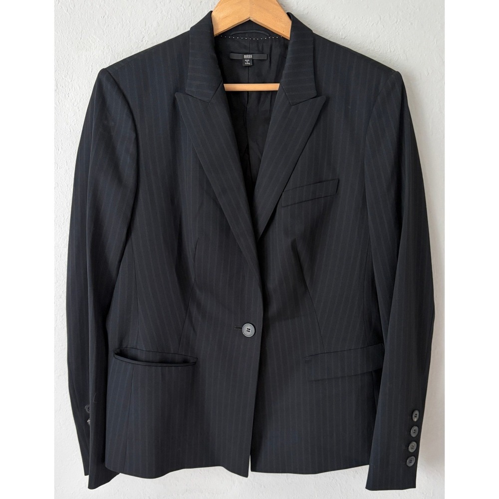 Hugo Boss Womens Navy Pinstripe Javelle Blazer 14 Professional Office Jacket